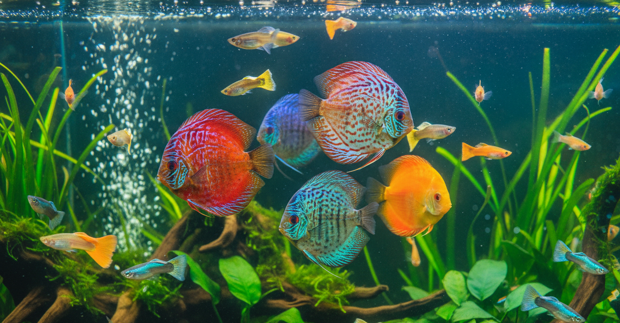 Colorful fish swimming in a well-maintained aquarium with plants and rocks.